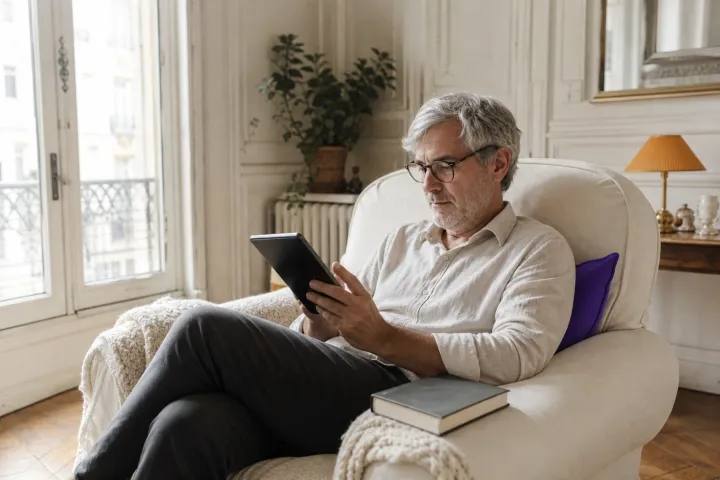 Un homme lit sur une tablette dans un fauteuil, près d’une fenêtre.