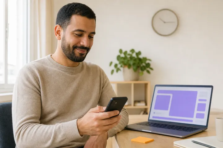 Un homme sourit en consultant son téléphone, un ordinateur portable ouvert devant lui.