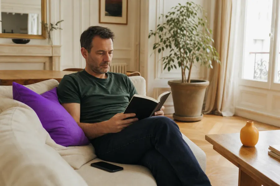 Un homme lit un livre broché, installé sur un canapé crème, un coussin violet derrière lui.