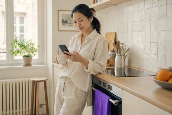 Une femme lit sa newsletter sur son téléphone, café à la main, dans une cuisine lumineuse.