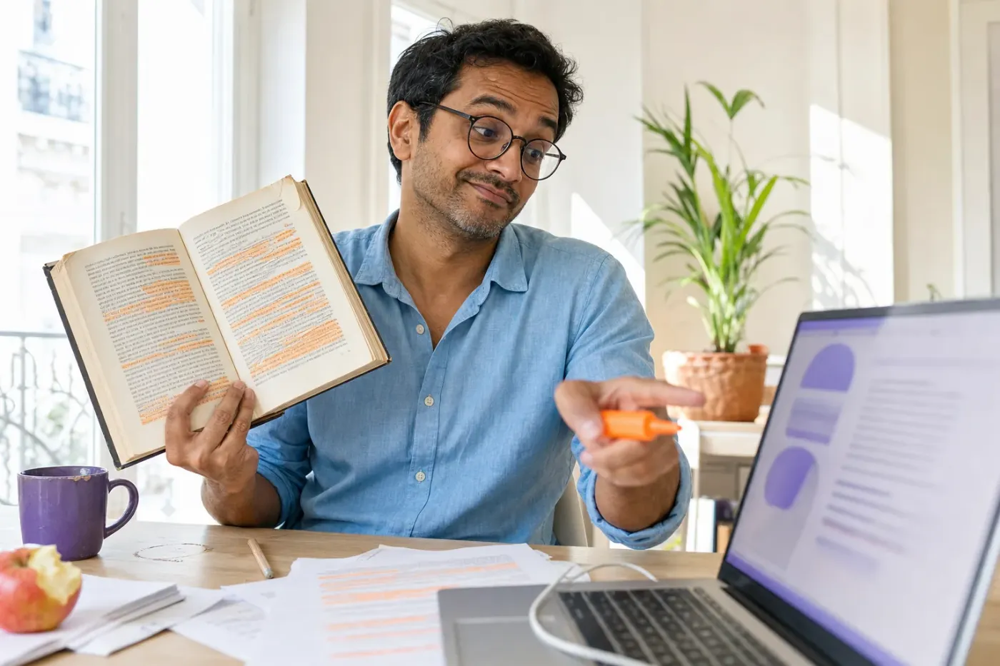 Dans une pièce très lumineuse, un homme aux lunettes rondes compare une réponse affichée à l’écran avec un livre surligné en orange, l’air amusé et sceptique.