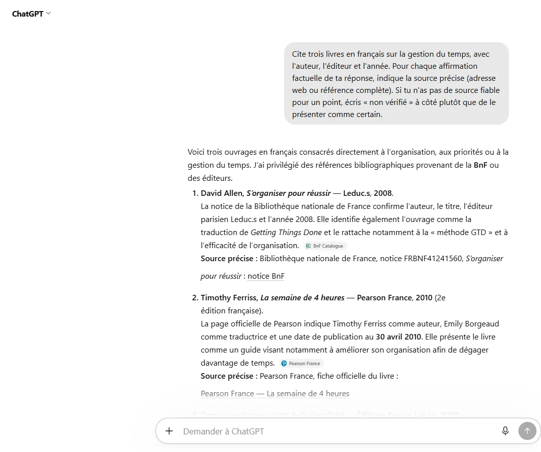 ChatGPT cite trois livres sur la gestion du temps et, pour chacun, renvoie à une notice de la Bibliothèque nationale de France ou à la fiche officielle de l’éditeur.