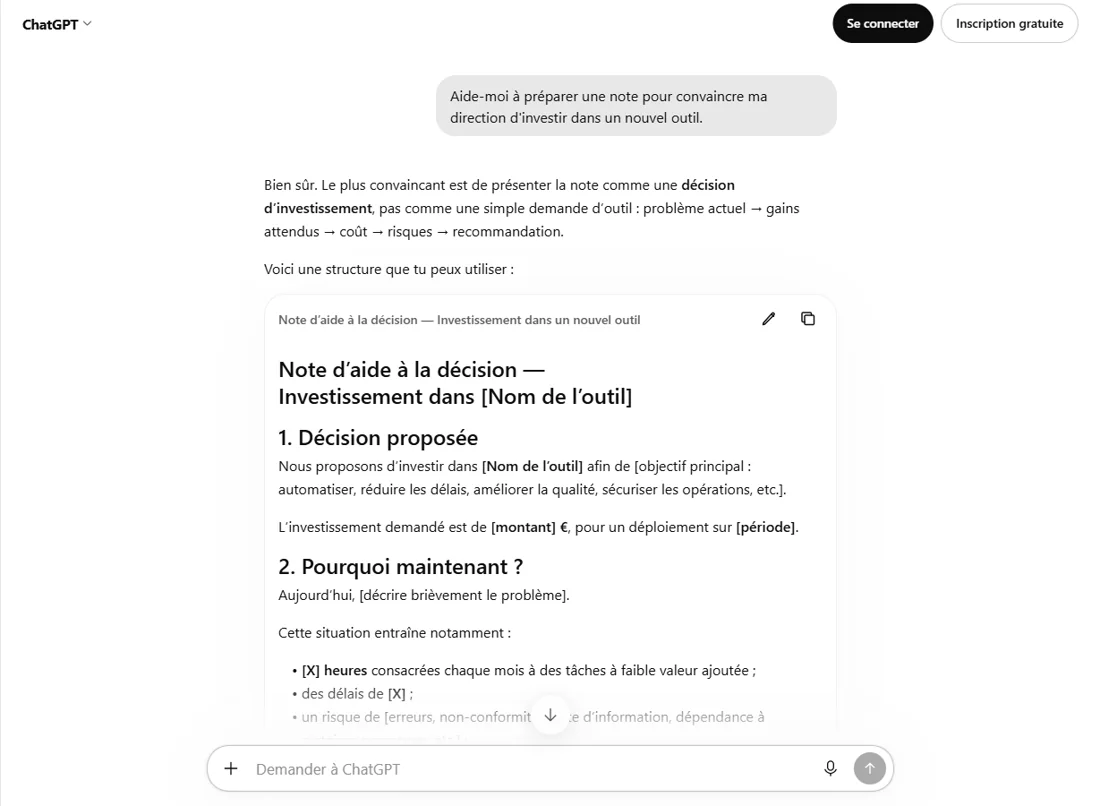 Réponse de ChatGPT à une demande vague : une trame intitulée « Note d’aide à la décision — Investissement dans [Nom de l’outil] », dont les paragraphes contiennent des mentions entre crochets comme [montant], [période] et [décrire brièvement le problème].