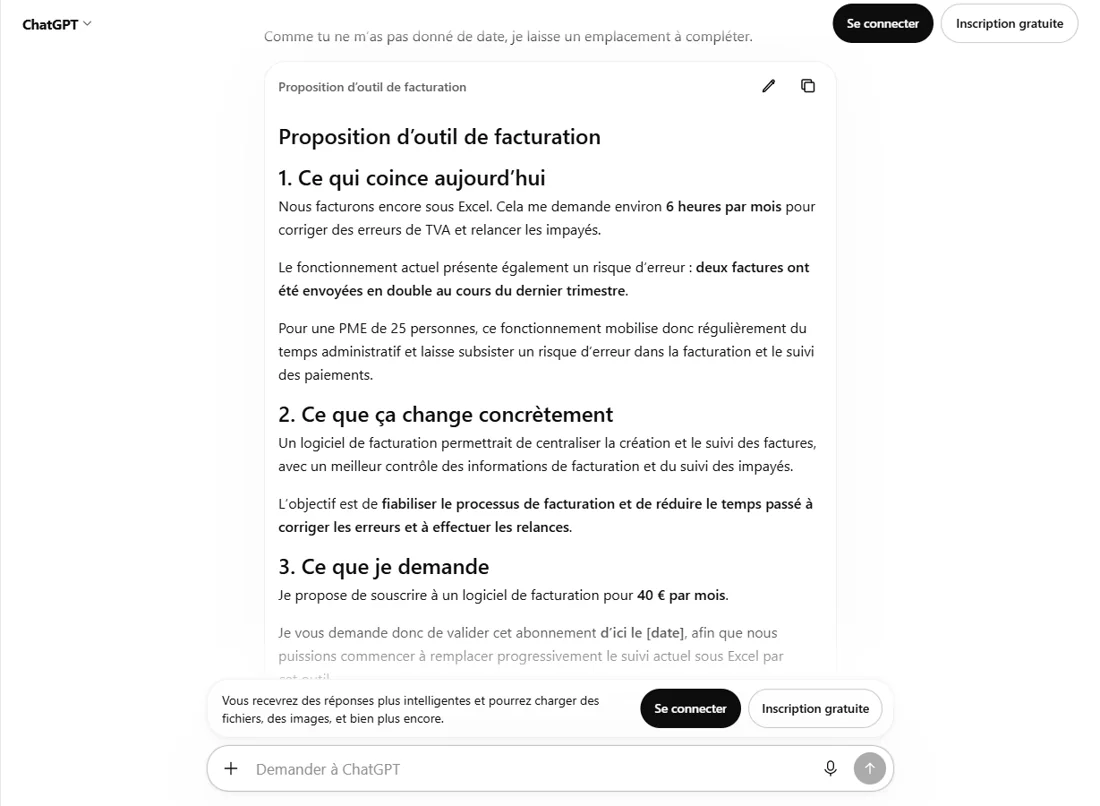 Réponse de ChatGPT après la relance : la deuxième partie a été réduite de trois à deux paragraphes, la demande finale mentionne une date, et une phrase au-dessus indique « Comme tu ne m’as pas donné de date, je laisse un emplacement à compléter ».
